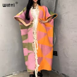WINYI winter coat dress for women Africa print tassels Luxury Long Fur Loose OverCoat Thick Warm long down coat fashion cardigan