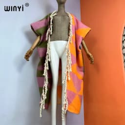 WINYI winter coat dress for women Africa print tassels Luxury Long Fur Loose OverCoat Thick Warm long down coat fashion cardigan