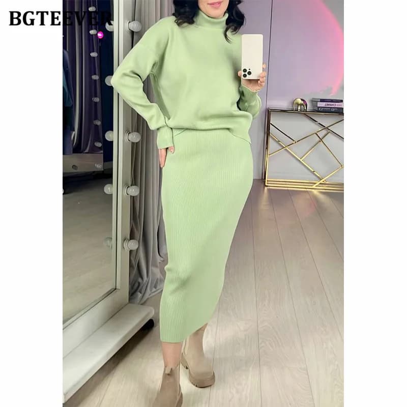 BGTEEVER Casual Loose Female Knitted Skirts Outfits Turtleneck Pullovers Ladies Hip Package Skirts Autumn Winter Sweater Set Wom