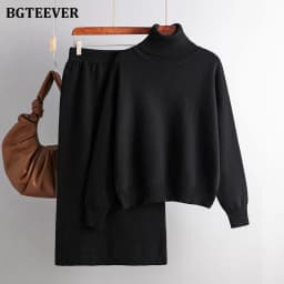 BGTEEVER Casual Loose Female Knitted Skirts Outfits Turtleneck Pullovers Ladies Hip Package Skirts Autumn Winter Sweater Set Wom