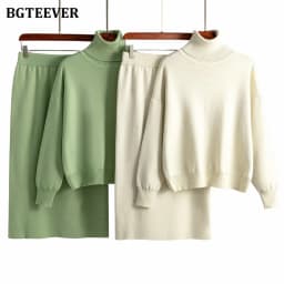 BGTEEVER Casual Loose Female Knitted Skirts Outfits Turtleneck Pullovers Ladies Hip Package Skirts Autumn Winter Sweater Set Wom