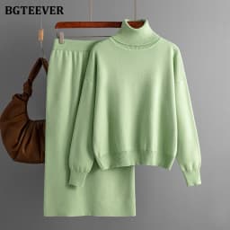 BGTEEVER Casual Loose Female Knitted Skirts Outfits Turtleneck Pullovers Ladies Hip Package Skirts Autumn Winter Sweater Set Wom