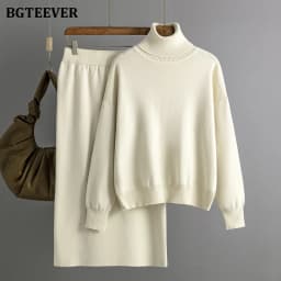 BGTEEVER Casual Loose Female Knitted Skirts Outfits Turtleneck Pullovers Ladies Hip Package Skirts Autumn Winter Sweater Set Wom