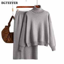 BGTEEVER Casual Loose Female Knitted Skirts Outfits Turtleneck Pullovers Ladies Hip Package Skirts Autumn Winter Sweater Set Wom