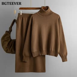 BGTEEVER Casual Loose Female Knitted Skirts Outfits Turtleneck Pullovers Ladies Hip Package Skirts Autumn Winter Sweater Set Wom