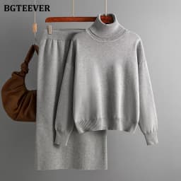 BGTEEVER Casual Loose Female Knitted Skirts Outfits Turtleneck Pullovers Ladies Hip Package Skirts Autumn Winter Sweater Set Wom
