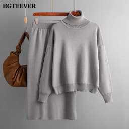 BGTEEVER Casual Loose Female Knitted Skirts Outfits Turtleneck Pullovers Ladies Hip Package Skirts Autumn Winter Sweater Set Wom