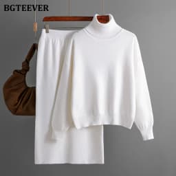 BGTEEVER Casual Loose Female Knitted Skirts Outfits Turtleneck Pullovers Ladies Hip Package Skirts Autumn Winter Sweater Set Wom