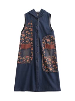 Amax luluE Autumn Long Sleeveless Clothes Womens Fashion Loose Hooded Denim Vest Ladies Casual Printed Coats Vintage Waistcoats