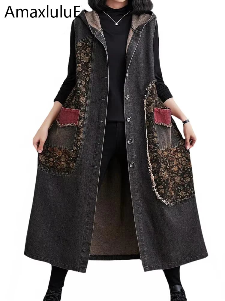 Amax luluE Autumn Long Sleeveless Clothes Womens Fashion Loose Hooded Denim Vest Ladies Casual Printed Coats Vintage Waistcoats