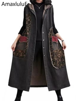 Amax luluE Autumn Long Sleeveless Clothes Womens Fashion Loose Hooded Denim Vest Ladies Casual Printed Coats Vintage Waistcoats