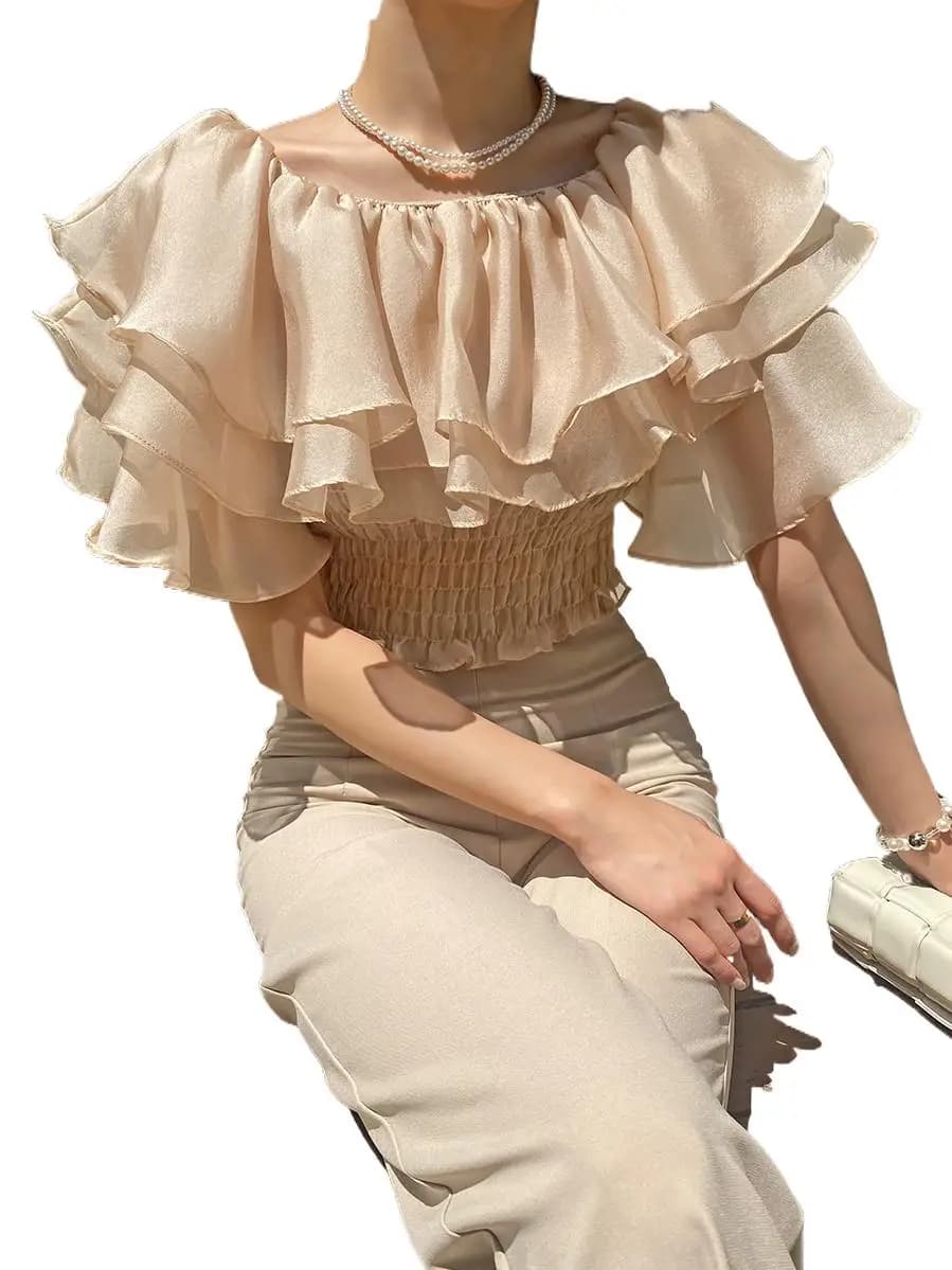 2026 Spring/Summer Sweet and Fashion Lyocell Double Layer Lotus Collar Tops Lightweight Rayon Shirt Stretch Slash Neck Shirt