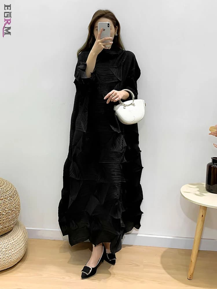 EGRM Maxi Pleated Dress for Women Solid Irregular Fold Turtleneck Elegant Formal Dresses 2023 Summer New Female Clothes 8RM2516