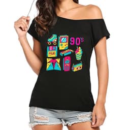 Fashion Women's Off-Shoulder T-Shirt 90's Retro Graphics Printed Short Sleeve Top Tees for Casual Wear