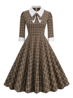 Tonval Brown Plaid Rockabilly Vintage Midi Dresses Turn-Down Collar Bow 3/4 Length Sleeve Autumn Winter Women Elegant Dress
