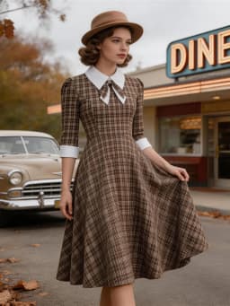 Tonval Brown Plaid Rockabilly Vintage Midi Dresses Turn-Down Collar Bow 3/4 Length Sleeve Autumn Winter Women Elegant Dress