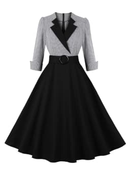 Tonval Plaid and Black Elegant Ladies Rockabilly Cotton Dresses Notched Collar 3/4 Sleeve Autumn Winter Women Vintage Dress