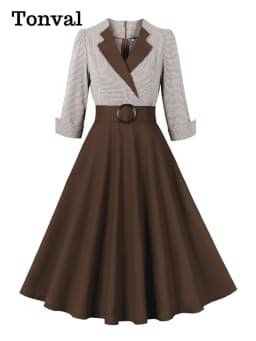 Tonval Plaid and Black Elegant Ladies Rockabilly Cotton Dresses Notched Collar 3/4 Sleeve Autumn Winter Women Vintage Dress