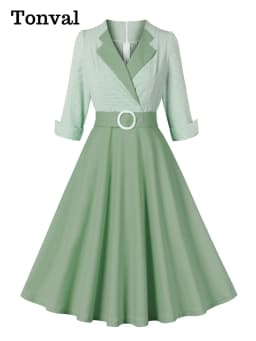 Tonval Plaid and Black Elegant Ladies Rockabilly Cotton Dresses Notched Collar 3/4 Sleeve Autumn Winter Women Vintage Dress