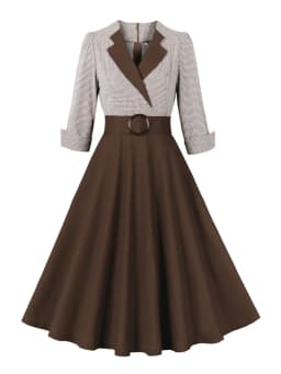 Tonval Plaid and Black Elegant Ladies Rockabilly Cotton Dresses Notched Collar 3/4 Sleeve Autumn Winter Women Vintage Dress