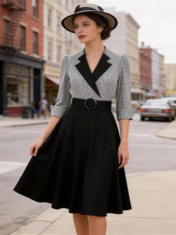 Tonval Plaid and Black Elegant Ladies Rockabilly Cotton Dresses Notched Collar 3/4 Sleeve Autumn Winter Women Vintage Dress