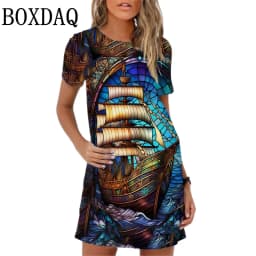 2024 New Summer Women Dress Beach Casual Retro sailboat Print Mini Dress Short Sleeve O-Neck Loose Woman Dresses