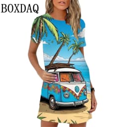 2024 New Summer Women Dress Beach Casual Retro sailboat Print Mini Dress Short Sleeve O-Neck Loose Woman Dresses