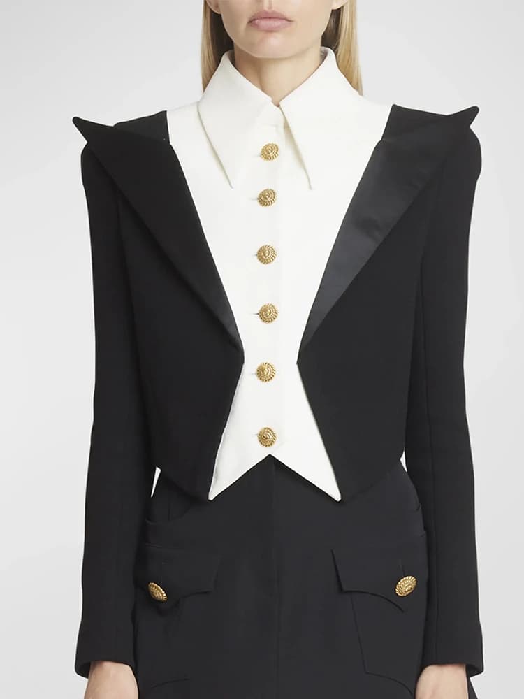 HIGH STREET Newest 2026 Designer Jacket Women's Black White Color Block Double Collars Cropped Blazer