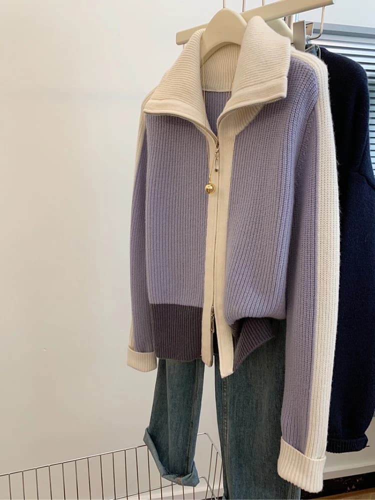 Autumn Winter New Lapel Thicken Turtleneck Sweater Causal Versatile Lazy Style Long Sleeve Zipper Coat Fashion Knit Cardigan