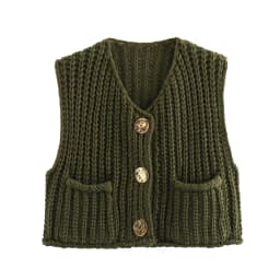2025 Fall Clothes Korean Fashion Sweater Vests Women V Neck Blue Button-Up Front Pockets Sleeveless Cable Knit Cardigan Vest Red