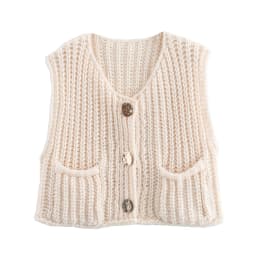 2025 Fall Clothes Korean Fashion Sweater Vests Women V Neck Blue Button-Up Front Pockets Sleeveless Cable Knit Cardigan Vest Red