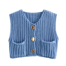 2025 Fall Clothes Korean Fashion Sweater Vests Women V Neck Blue Button-Up Front Pockets Sleeveless Cable Knit Cardigan Vest Red