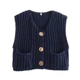 2025 Fall Clothes Korean Fashion Sweater Vests Women V Neck Blue Button-Up Front Pockets Sleeveless Cable Knit Cardigan Vest Red