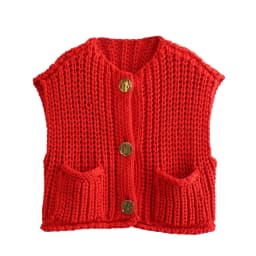2025 Fall Clothes Korean Fashion Sweater Vests Women V Neck Blue Button-Up Front Pockets Sleeveless Cable Knit Cardigan Vest Red