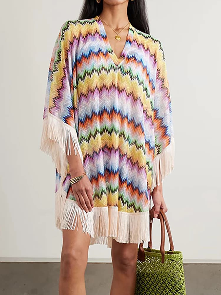 Tassel Patchwork Loose Mini Dress, Women Spring Summer Batwing Sleeve Party Dress, 2025 V Neck Printing Elegant Ladies Dresses