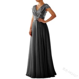 Women Banquet Long Dresses Spring Summer Deep V-Neck Luxury Sequins Slim Fit Chiffon Panels Elegant Party Evening