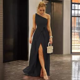 Solid Color One Shoulder Lace Up High Split Long Formal Evening Prom Dress