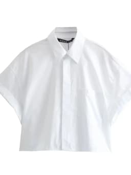 XNWMNZ 2024 Women's Fashion Crop Poplin Shirt Women Casual Lapel Short Sleeve Pocket Front Button Versatile Female Top