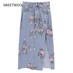 Streetwear Vintage Flowers Print Long Denim Skirts Summer 2021 High Waist Slim Sexy Open Split Straight Skirt Jeans Saias Female
