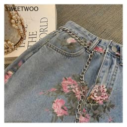 Streetwear Vintage Flowers Print Long Denim Skirts Summer 2021 High Waist Slim Sexy Open Split Straight Skirt Jeans Saias Female