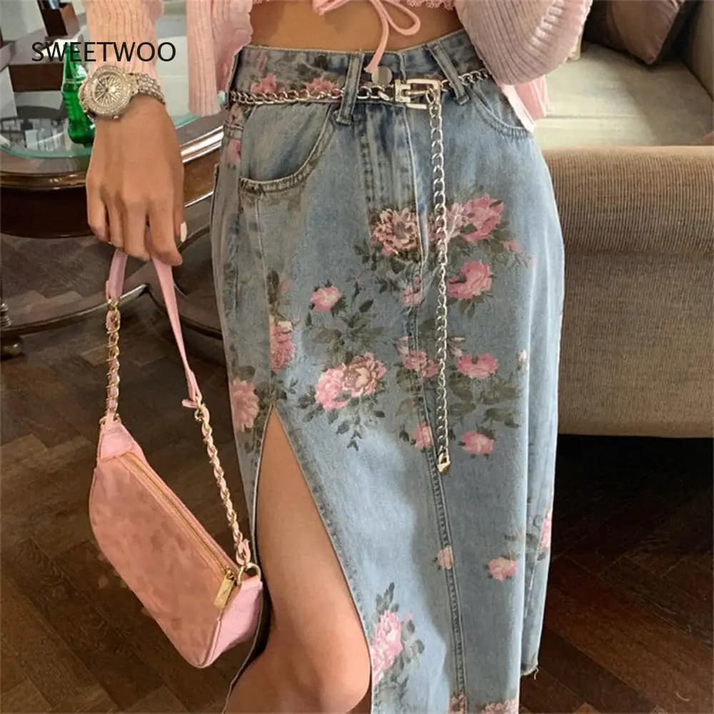 Streetwear Vintage Flowers Print Long Denim Skirts Summer 2021 High Waist Slim Sexy Open Split Straight Skirt Jeans Saias Female