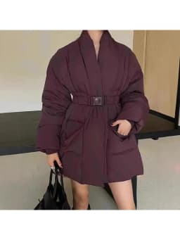 TWOTWINSTYLE Solid Spliced Belt Loose Jackets for Women V Neck Long Sleeve Temperament Parkas Female Fashion Style