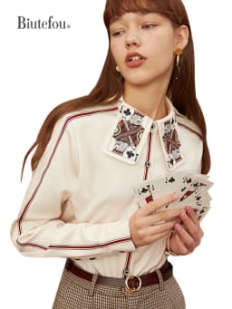 Women's Printed Stripe Shirt, Fun Playing Cards, Original Design, Spring and Autumn