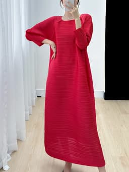 Miyake Pleated Full Sleeve Dress Women's 2025 Summer Korean Fashion Simple Round Neck Long Plus Size Medium Long Dress