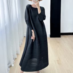 Miyake Pleated Full Sleeve Dress Women's 2025 Summer Korean Fashion Simple Round Neck Long Plus Size Medium Long Dress