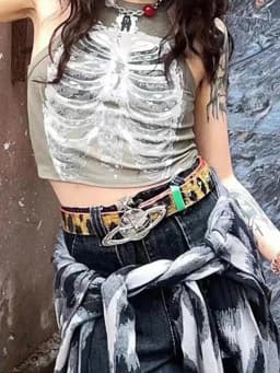 Punk Aesthetic Cyber Retro X-ray Skeleton Print Rib Sleeveless Vest ArmyGreen Crop Top Designer Clothes Women 2024 Summer Emo