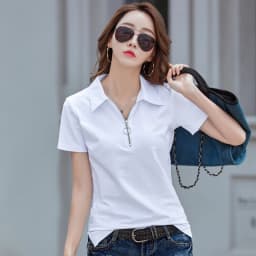 New 2024 Summer Women T Shirt Cotton Elegant Style Zipper Neck Fashion Office Lady Top Short Sleeve Polo For Women