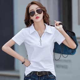 New 2024 Summer Women T Shirt Cotton Elegant Style Zipper Neck Fashion Office Lady Top Short Sleeve Polo For Women