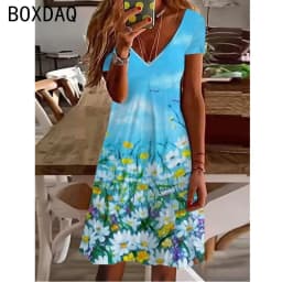 2025 New Sundress Women Summer Short Sleeve V-Neck Casual A-Line Knee-High Dress Vintage 3D Floral Boho Beach Dress Vestidos