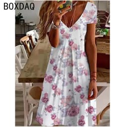 2025 New Sundress Women Summer Short Sleeve V-Neck Casual A-Line Knee-High Dress Vintage 3D Floral Boho Beach Dress Vestidos